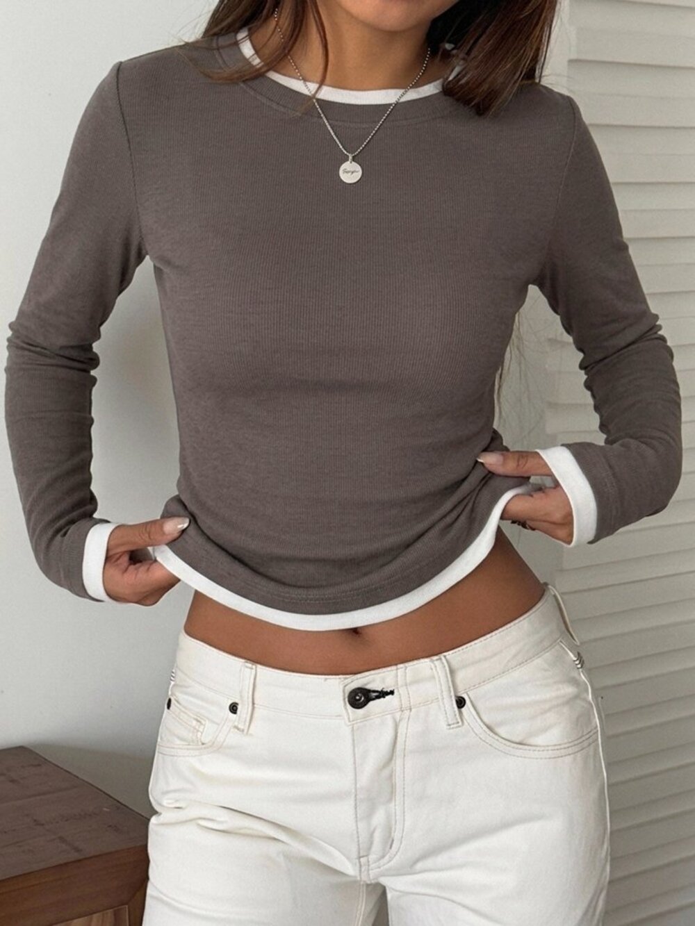 Grey Casual Women's Colorblock Layered Crew Neck Long Sleeve T-Shirt